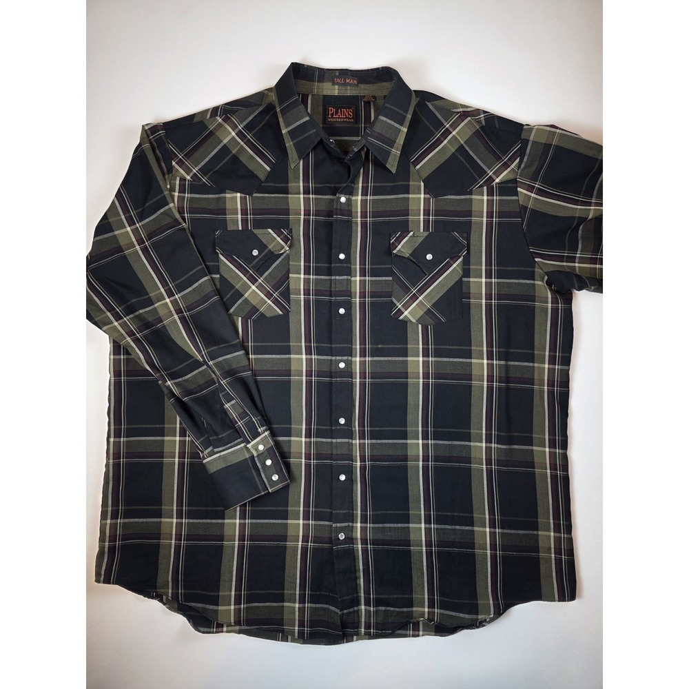 Plains Western Wear Pearl Snap Size XXLT Green Plaid Long Sleeve Shirt Tall Man